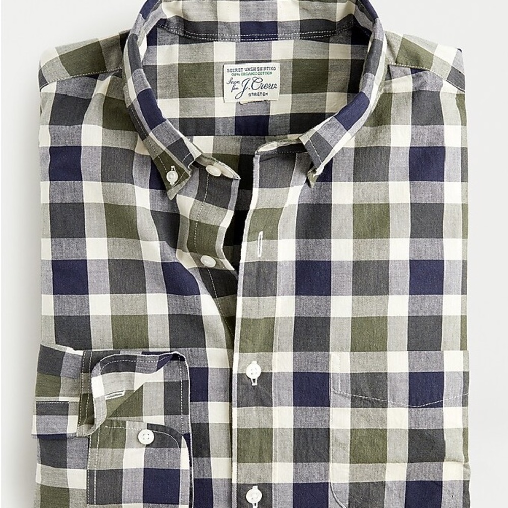J. Crew Men's Checkered Shirt - Olive and Navy